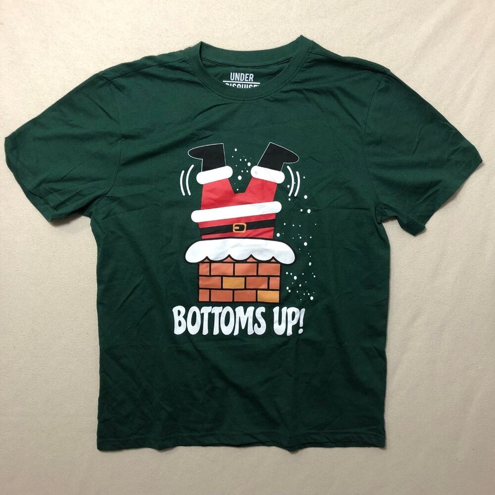 Under Disguise T-Shirt Mens L Green Christmas Short Sleeve Bottoms Up Graphic
